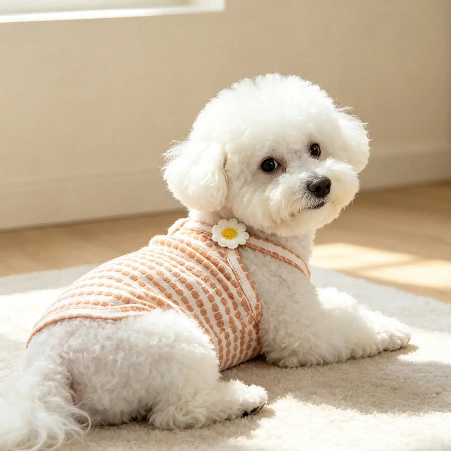 1 Stück gestreiftes Strick-Hundetanktop mit 3D-Frucht-Blumen-Ornament, atmungsaktive Welpenweste für kleine Hunde – Detail 2