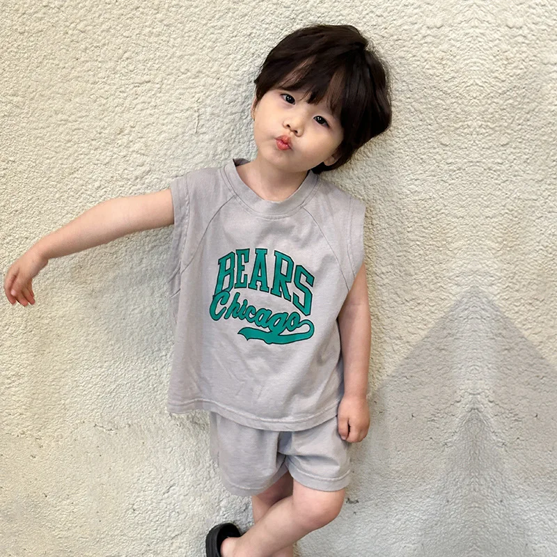 Summer Cool Sets Boys Thin Breathable Vest Fashion Letter T-shirt Children Girl Cotton Tops+ Solid Loose Cotton Shorts Tracksuit