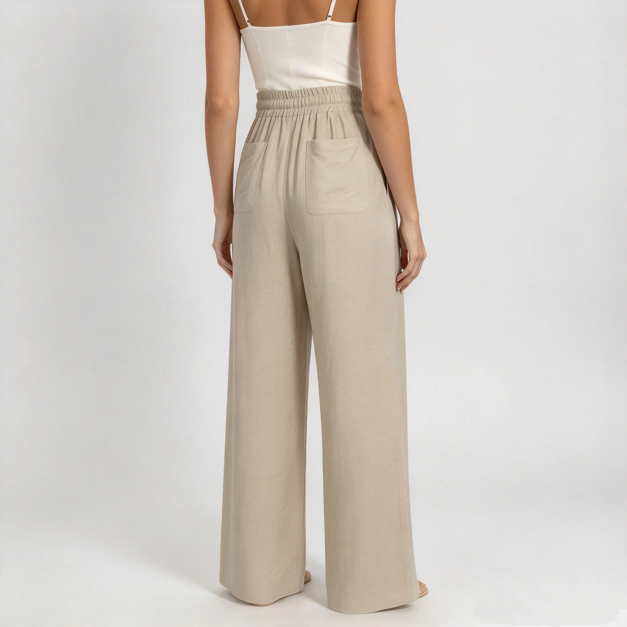Women Solid High Waist Drawstring Wide Leg Pants with Side Pockets