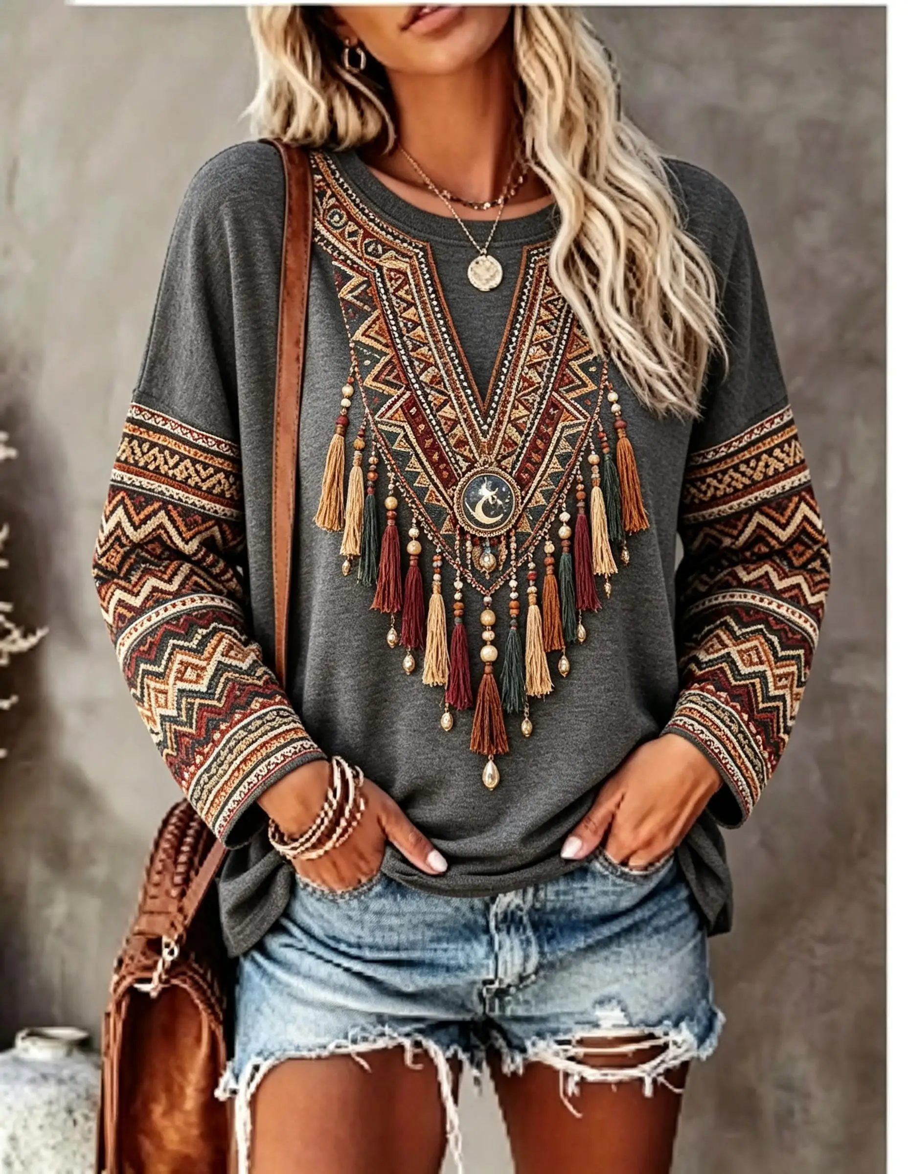 Women Crew Neck Long Sleeve T‑Shirt, Boho Moon Bead Fringe Print Casual Loose Pullover Tops