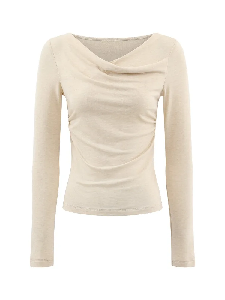 Camiseta elegante ajustada de manga larga para mujer, Top con cuello drapeado de otoño, camisa elegante con capa Base que se pega a la cintura, jersey informal de moda