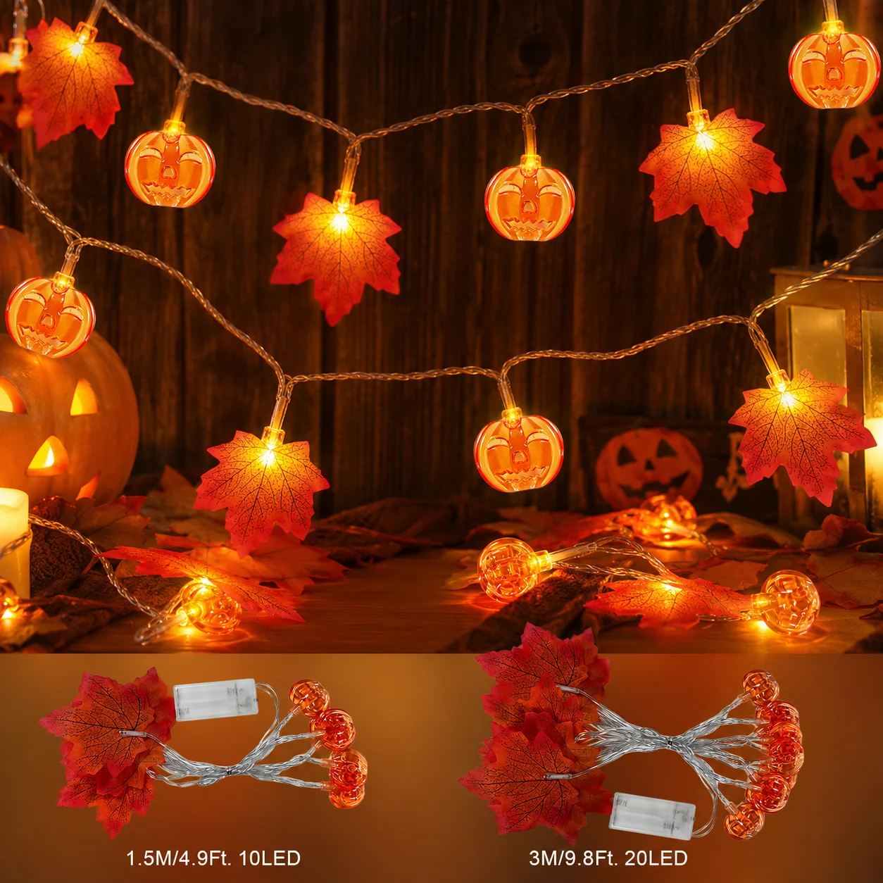 1PC Maple Leaf Pumpkin LED String Lights Warm Fairy Lights Battery Powered for Indoor Outdoor Halloween Thanksgiving Home Decor