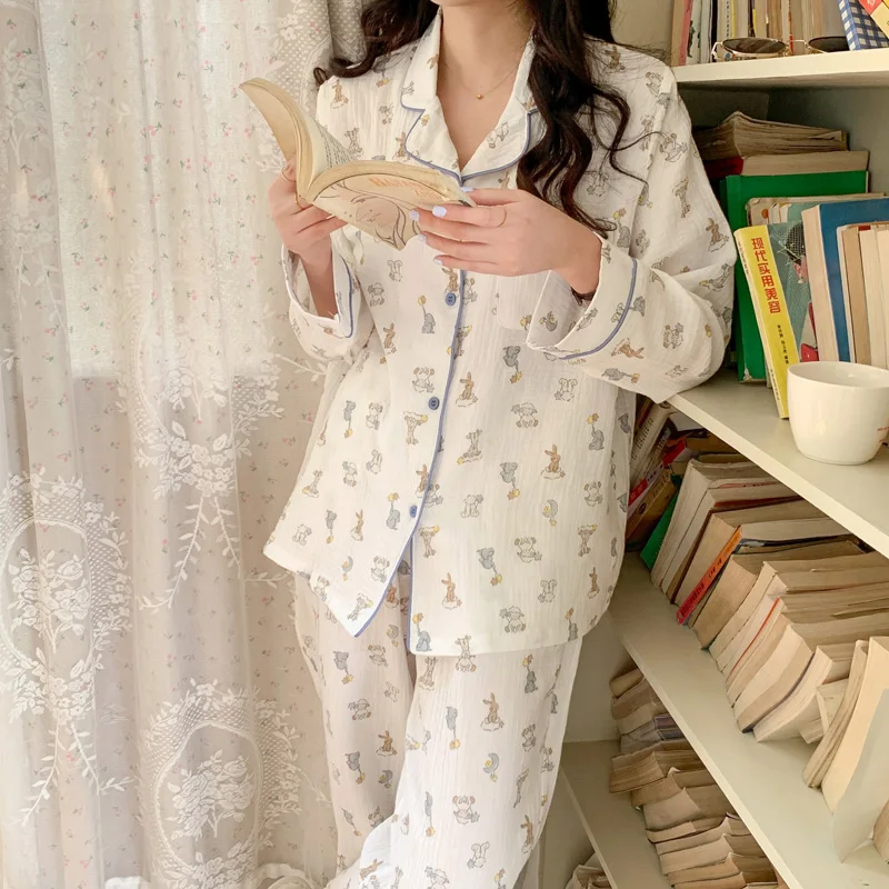 Primavera impressão macia dos desenhos animados kawaii manga longa amantes pijamas conjunto feminino elegante casual férias sleepwear casa ins duas peças conjunto