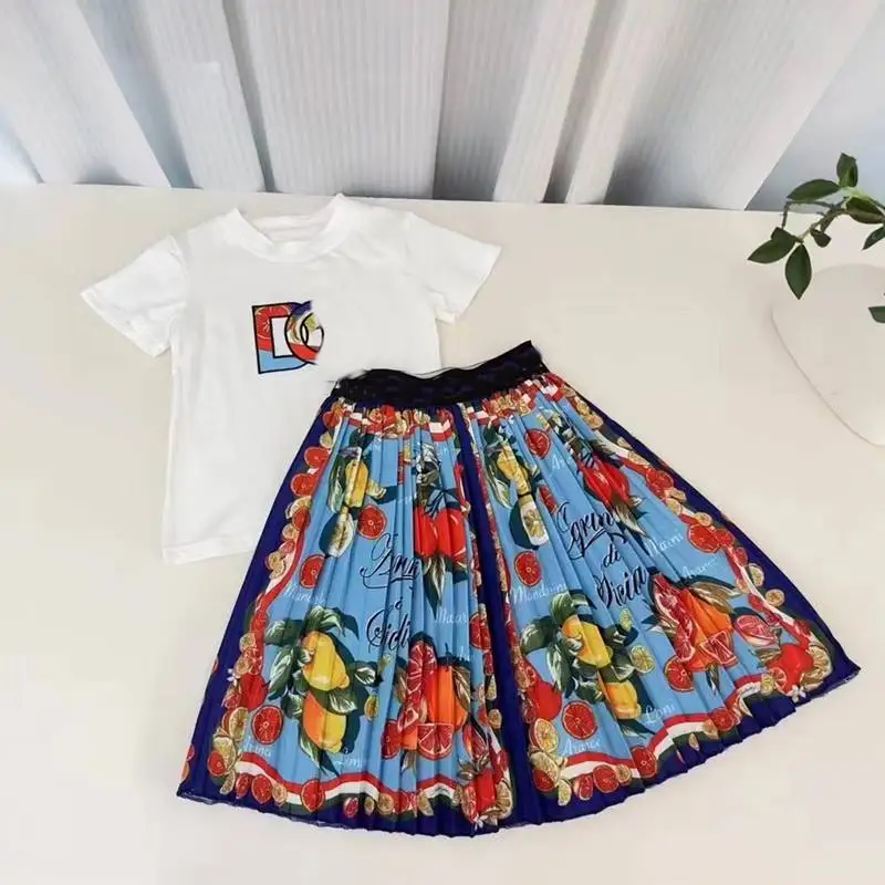 2024 New Autumn Baby Kids Outfit White Tee Top+Graffiti Skirt Baby Girl Children Quality Brand Fruits Clothing Set for Teenagers