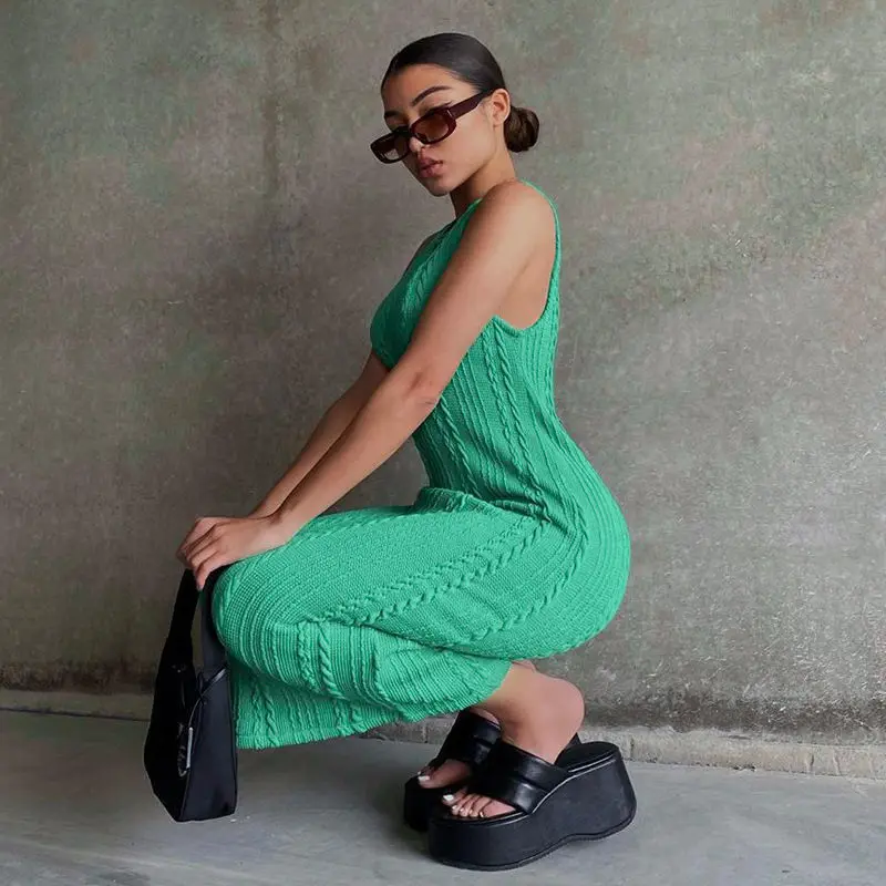 2024 Summer Smart Casual Knotted Knit Sleeveless Crew Neck Temperament Commuter Skirt Calf Length Dress