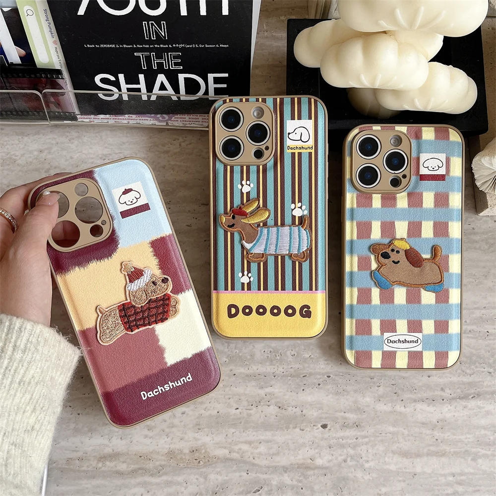 Korean Splicing lattice Cartoon Puppy Phone Case For iPhone 16 15 13 12 11 Pro Max Xr Xs 15 14 Plus knitted plush lanyard Cover