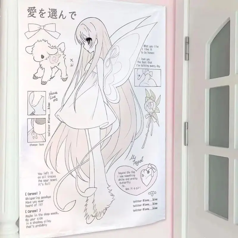 VIKAMA Anime Girl Line Art Tapestry Japanese Sketch Lamb Butterfly Wall Art Cute Poster for Dorm Room Weeb Room Decor
