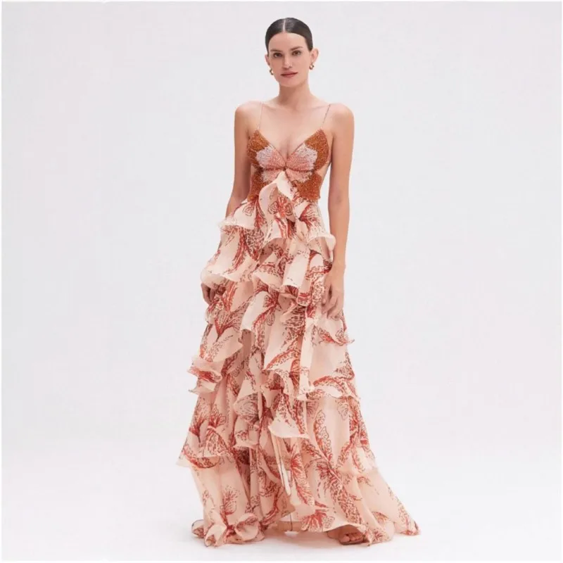 Sexy Butterfly Print Ruffle Pleated Dresses Summer Fashion V Neck Spaghetti Strap Lace-up Sleeveless Backless Party Long Dress
