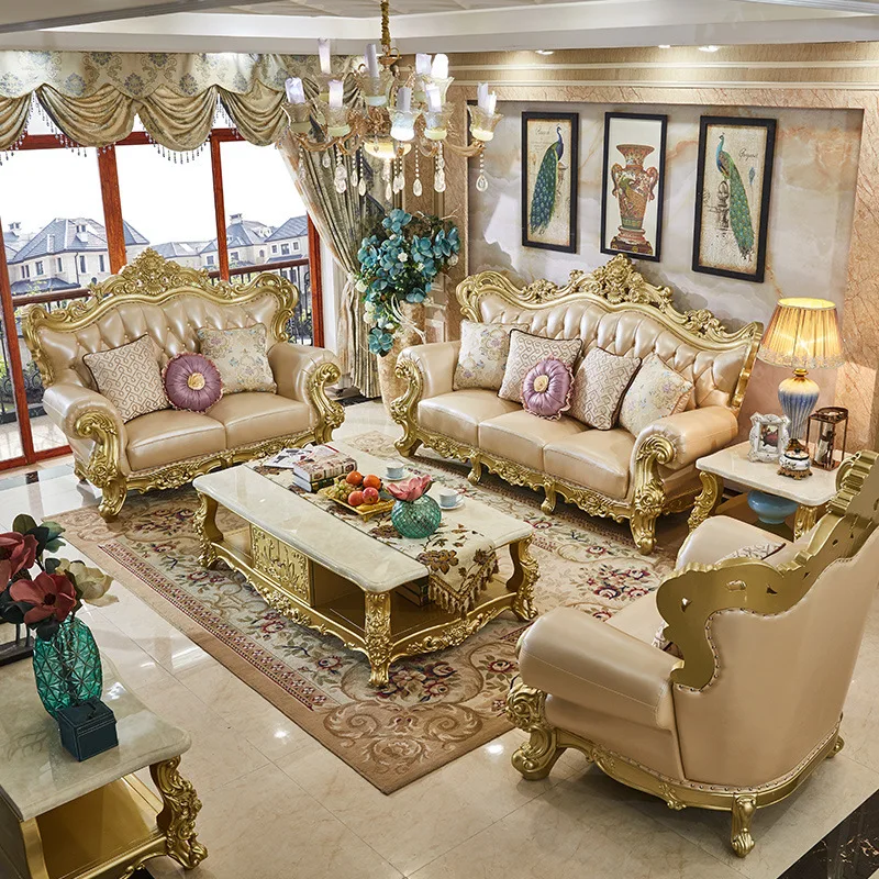 أريكة كلاسيكية فاخرة من المطاط والخشب الصلب الذهبي العتيق على الطراز الأوروبي الملكي أطقم أرائك غرفة المعيشة 1 + 2 + 3