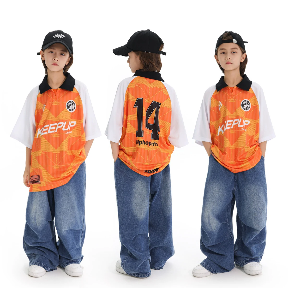 เด็กอินเทรนด์ชุดเต้นรําแจ๊สหลวมกีฬาเสื้อยืดกางเกงยีนส์เด็ก Street Dance Hip Hop Dance Performance เครื่องแต่งกาย DN21237