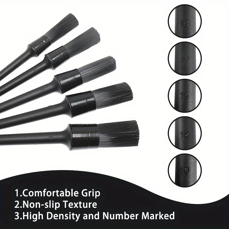 5-Piece Auto Detailing Brush Set: Natural Boar Hair & Mixed Fiber for Cleaning Wheels, Engine, Air Vent & Emblem