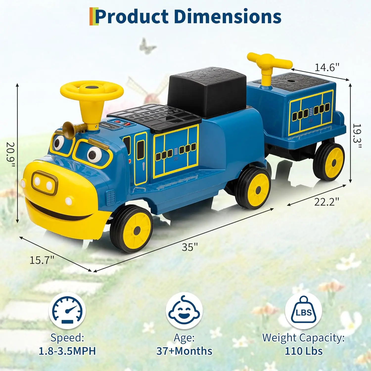 Treno a 2 posti senza binario, giocattolo per bambini da 12 V con sedile regolabile in altezza, spazio di archiviazione, Carrige per i più piccoli 3+