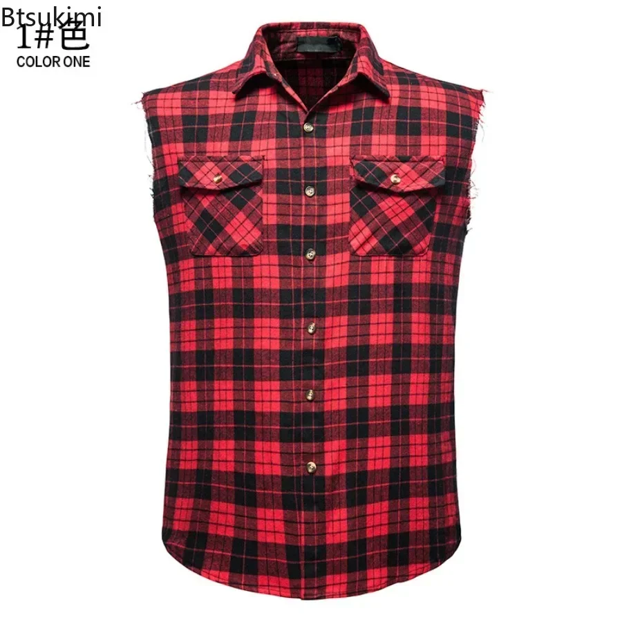 2025 Men's Plaid Sleeveless Vests Turn-down Collar Shirts Vest Casual Single-breasted Plaid Tank Top Outdoor Sport Vests for Men