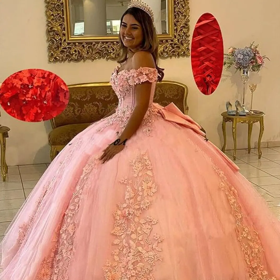 Lorencia Pink Quinceanera Dresses Ball Gown For Sweet Girls Lace Flowers Vestidos De XV Años Bead Birthday Sweet 16 Dress YQD325