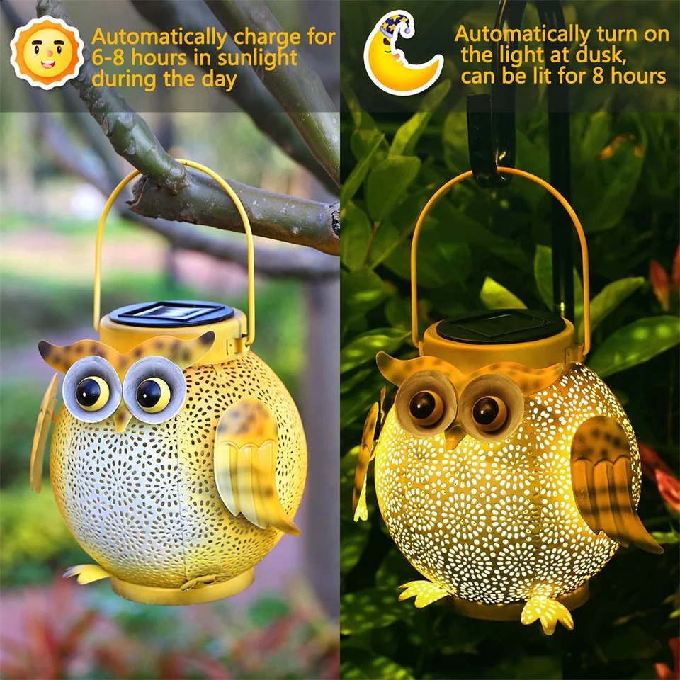 Waterproof metal decorative solar light outdoor courtyard dining table path owl pattern hanging solar light courtyard light