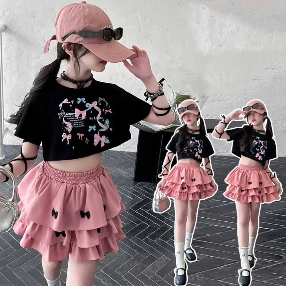 

Two Pieces Set Y2K Bow Children Cake Skirt Set Slim Fit Teenagers T-shirt Skirt Suit Sweet Pleated Girls Clothes Set Students