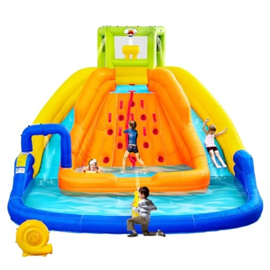 Inflatable Water Slide, Bounce House with Water Bucket, Deep Pool, Climbing Wall with Rope, Bouncy Castle with Air Blower