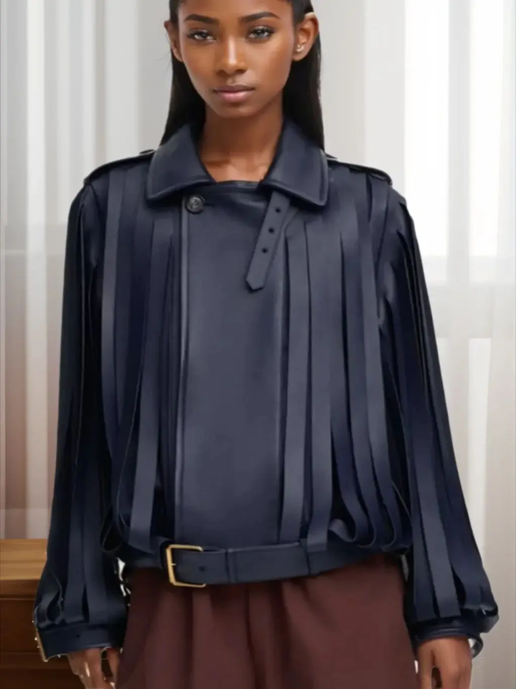 

2026 New Lady Autumn Retro Outwears Chic Leather Jacket For Women Lapel Long Sleeve Oversize Coat With Belts Cutting Streetwear