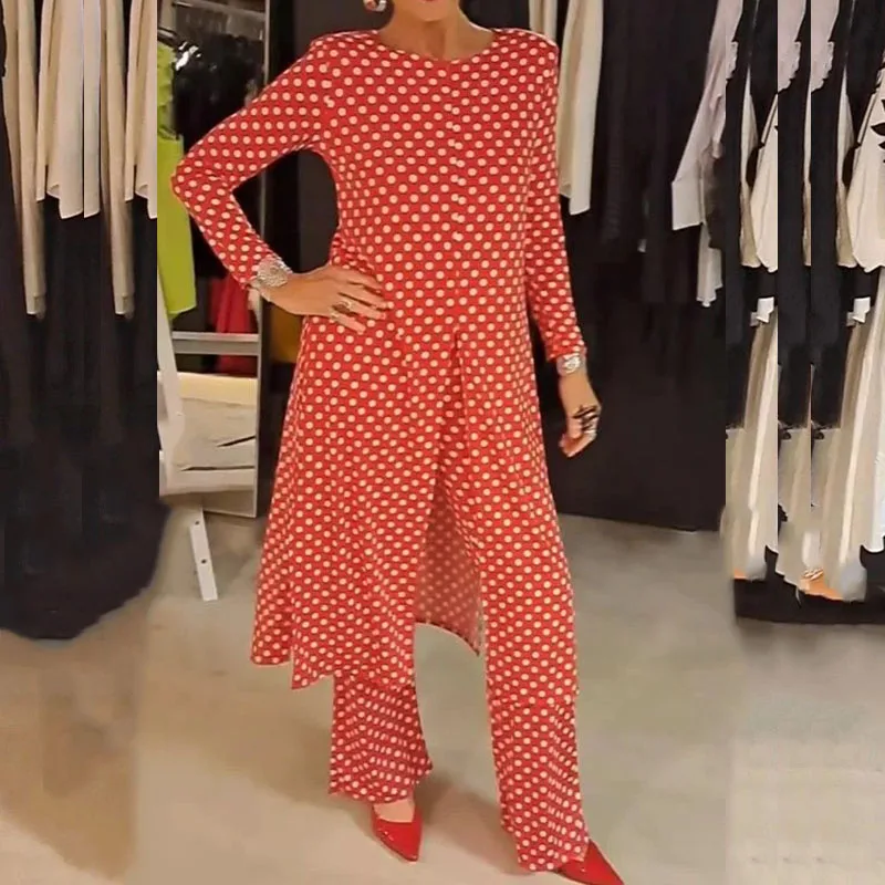 

Autumn Polka Dot Two Piece Outfit Office Lady Casual Loose Mid Split Suits Elegant O-Neck Long Sleeve Blouse Tops&Long Pants Set