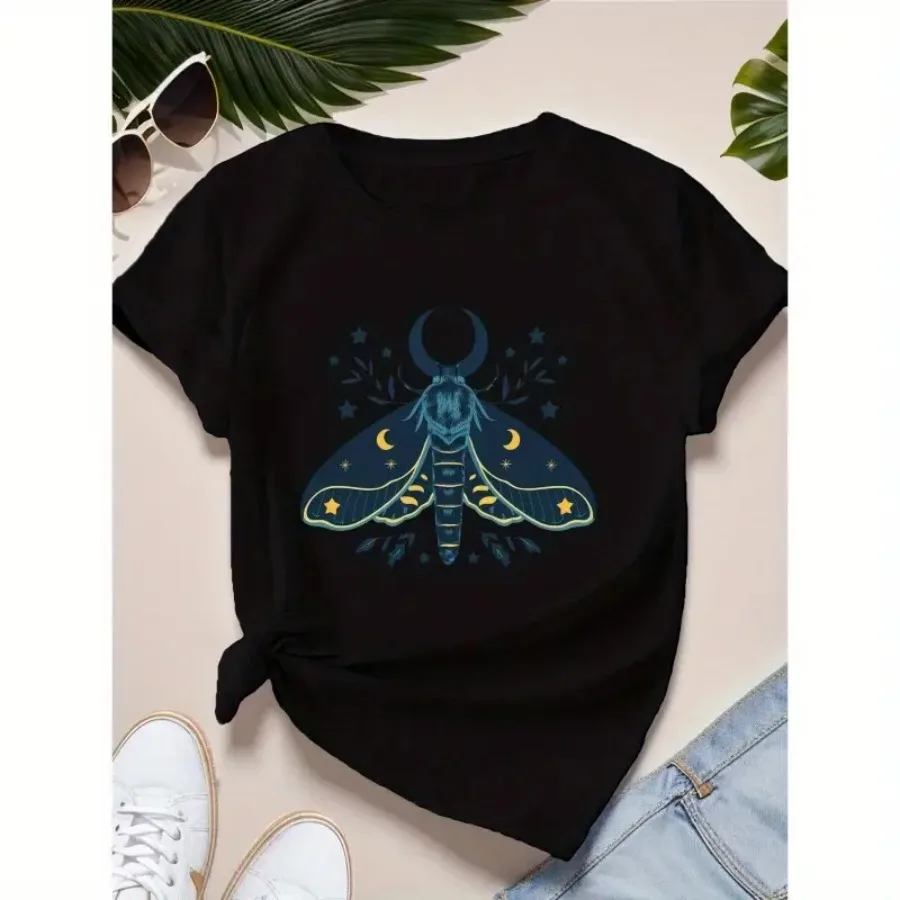 moth with crescent moon Women's Plus Size Sports Short Sleeve T-Shirt