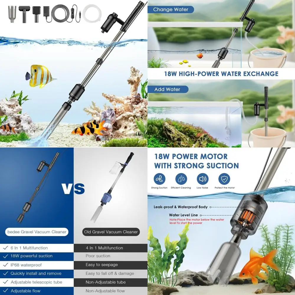 Bedee-aspiradora multifuncional 6 en 1 para pecera, aspirador de grava para cambiador de agua, limpiador de algas para lavado de arena, ducha de agua y Wat, 18W