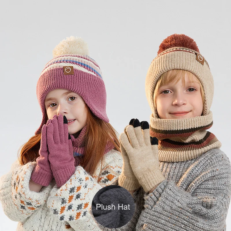 3 teile/satz 2025 Neue Winter Warme Set kinder Beanie Hut Ohrenschützer Plüsch Handschuhe Dicke Warme Neck Schal Für kaltes Spielen Im Freien