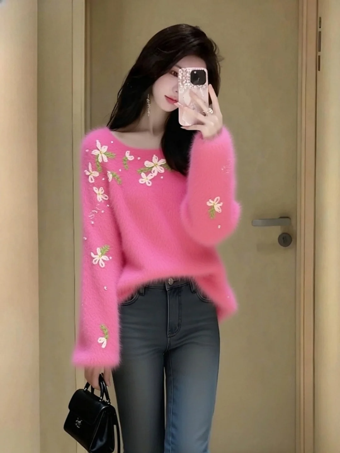 Chic Unique Pink Knitted Sweater Short Style Korean Winter Fashion Elegant Beautiful Female Long Sleeve V-Neck Plant Floral P...
