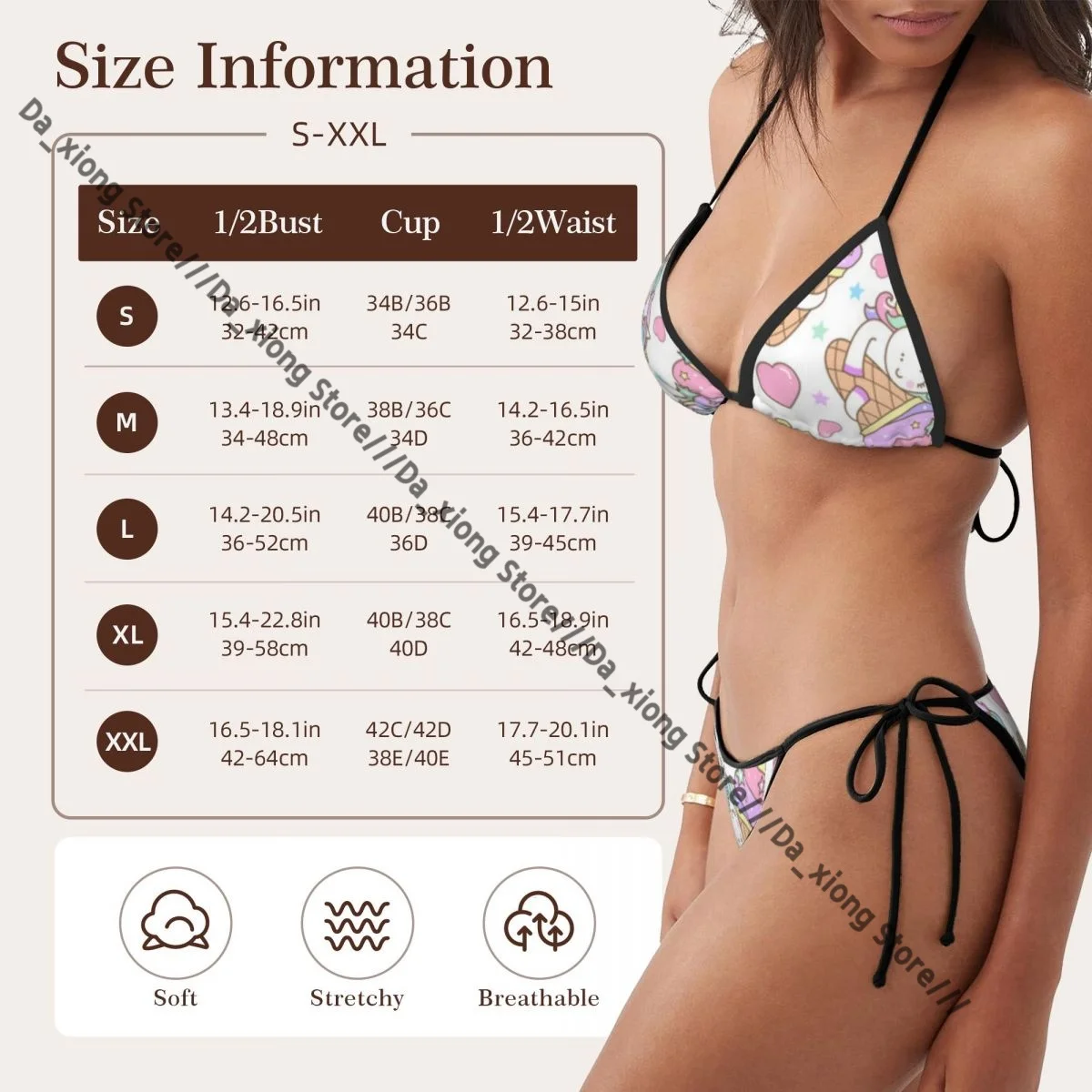 Traje de baño para mujer, conjunto de Bikini con Tanga, trajes de baño sexis con estampado bonito de unicornio y helado, trajes de baño con vendaje triangular, ropa de playa femenina