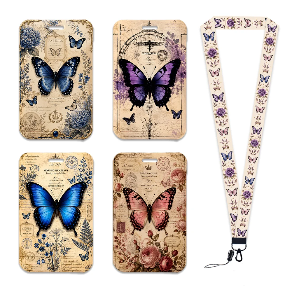Retro Butterfly Pattern Work Card Holder Work Access Name Badge with Keychains Student Id Card Lanyard Holder Accessories