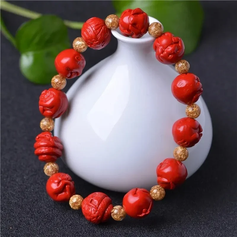 Chinese Natural Red Organic Cinnabar Zodiac Elastic Bracelet Beads Charm Jewellery Fashion Man Woman Lucky Amulet Gifts New