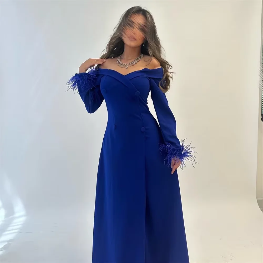 Vestidos de fiesta de corte en A, color azul, personalizados, hasta el suelo, cuello barco, manga larga, vestidos de noche, botón drapeado Simple, borla de moda