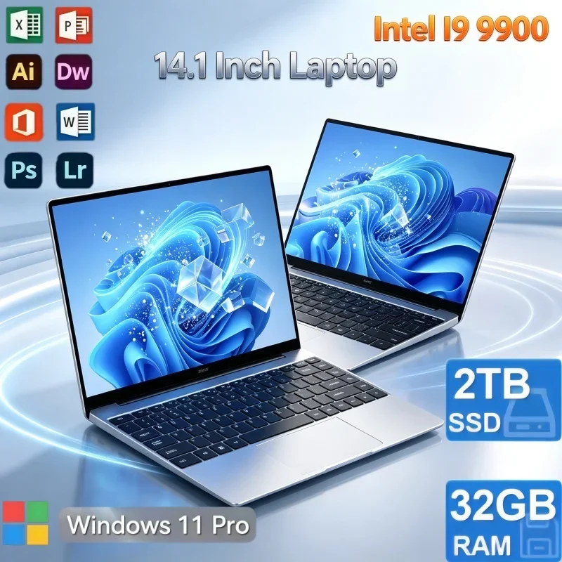 14.1 Inch Multi‑task Laptop Notebook Intel Core i9‑9900 Windows 11 32GB RAM 2TB SSD Ultra‑Light PC For School Office Home Gaming