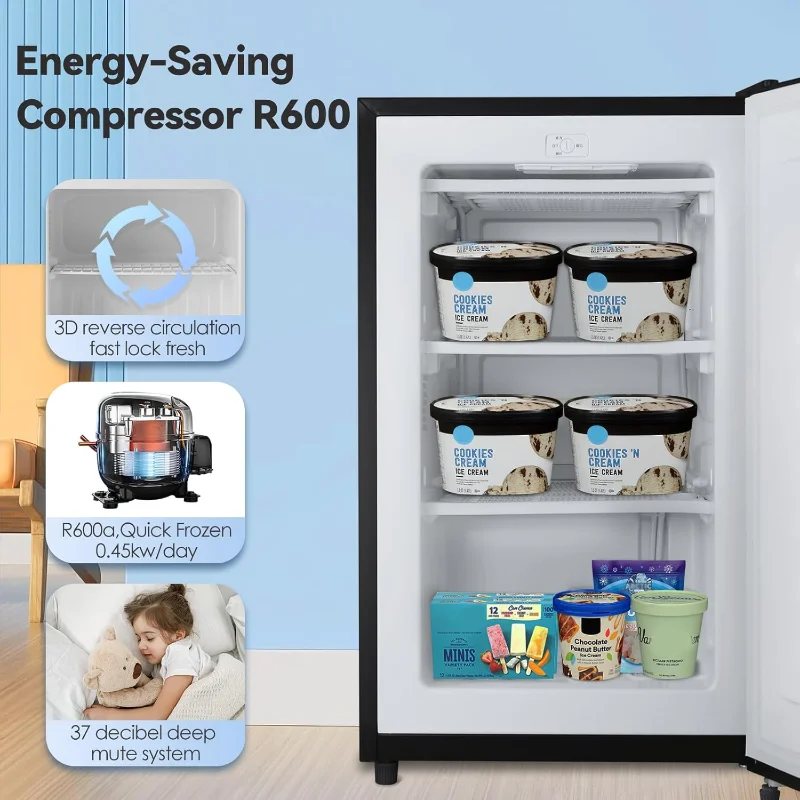 Mini congelatore, piccolo congelatore verticale da 2,3 piedi cubi con maniglia, ripiani rimovibili, termostato regolabile, basso rumore per camera da letto