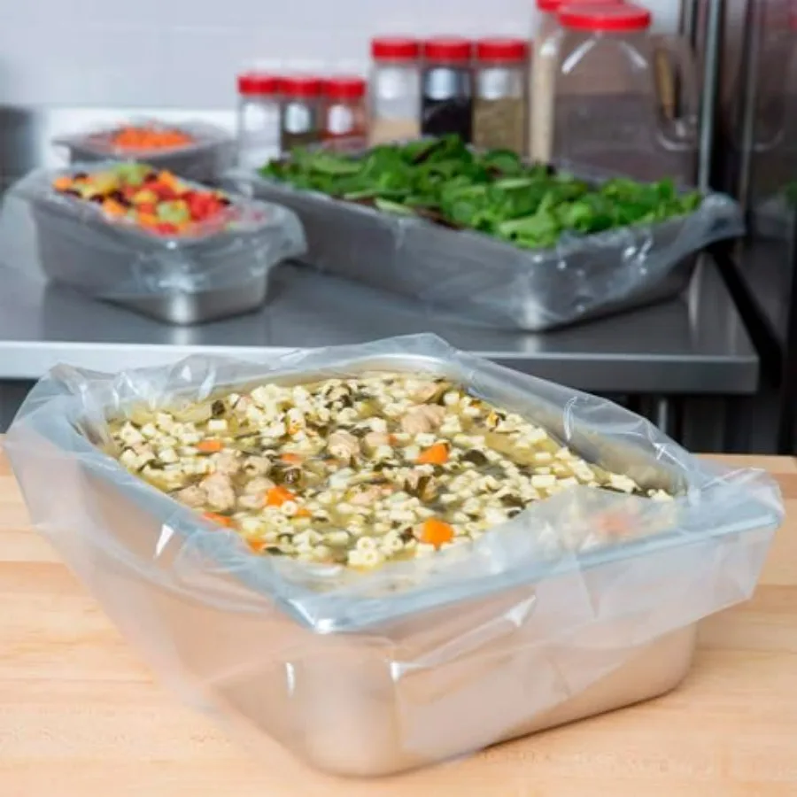 بطانات طاولة بخار من البولي إيثيلين للاستعمال مرة واحدة مع ربطة عنق ملتوية 18 × 14 لـ 1 3 مقلاة عبوة مكونة من 500 مثالية لخدمات تقديم الطعام #6