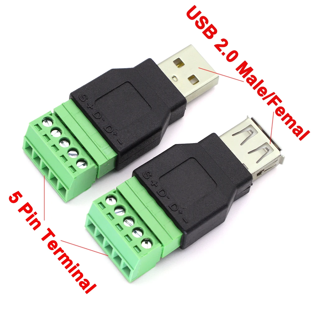 1pcs USB 2.0 Solderless Plug USB Male/Female to 5 Pin Screw Connector USB Jack with Shield USB2.0 Turn Screw Terminal Plug