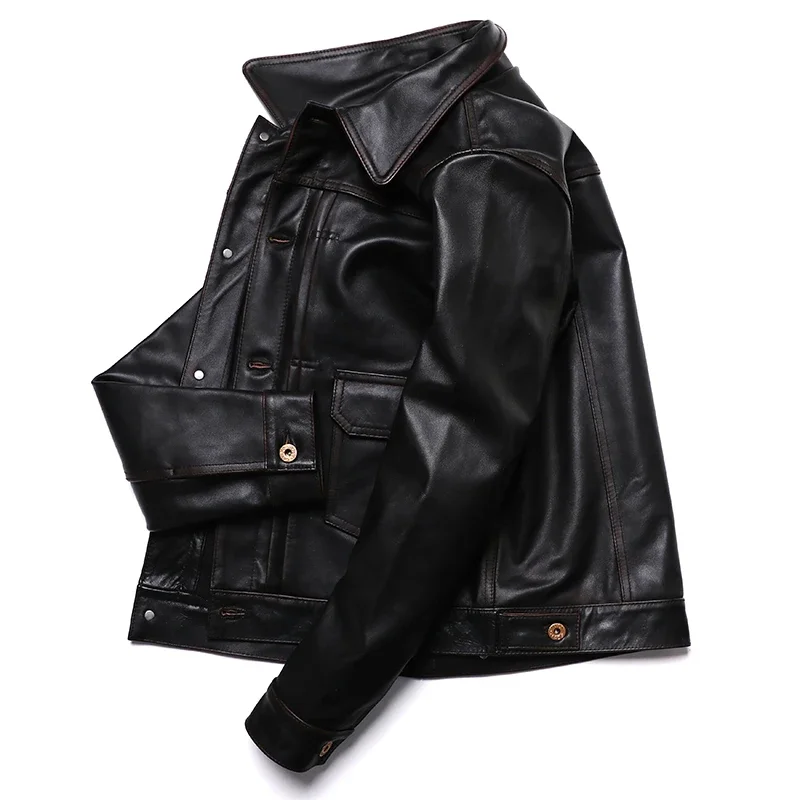 2025 New Vintage Leather Jacket Men\'s Classic 506 Denim Coat Tea Core Horsehide Genuine Natural Leather Clothes Slim Jackets