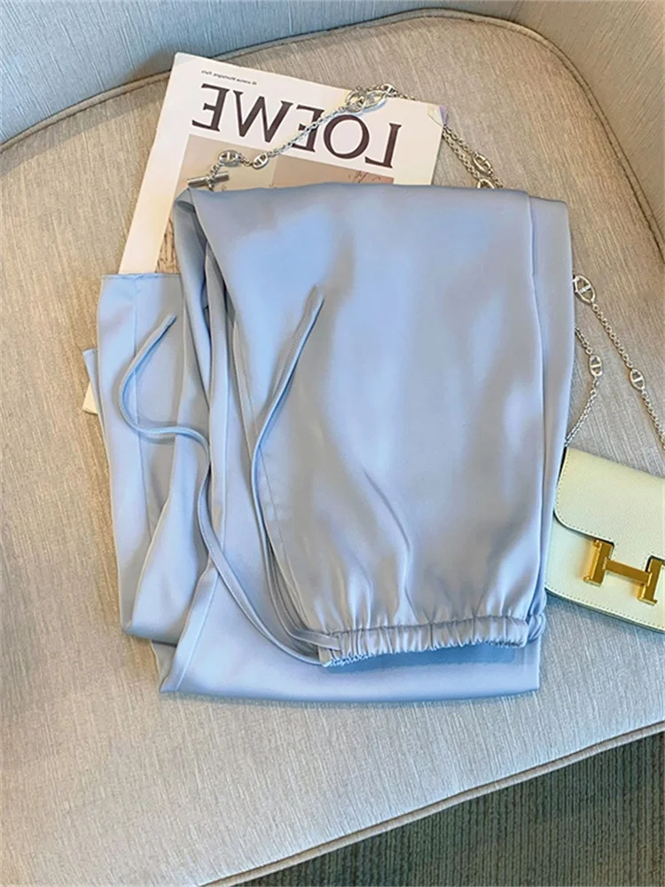 Blue Silk Charmeuse Loose Casual Pants Draped Lightweight Summer Fren Pants Straightleggings Belted Loose Fit