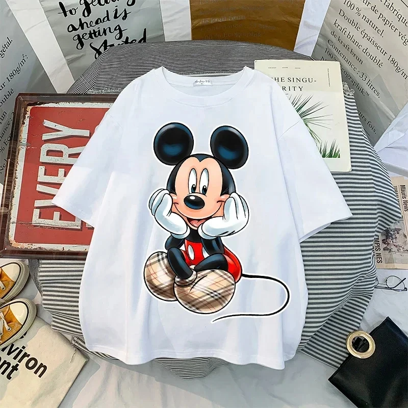 MINISO Fashion Vintage Women T-shirts Cartoon Mickey Minnie Kawaii Top Ulzzang Oversized Kids T-shirt Short Sleeves 90s Y2k