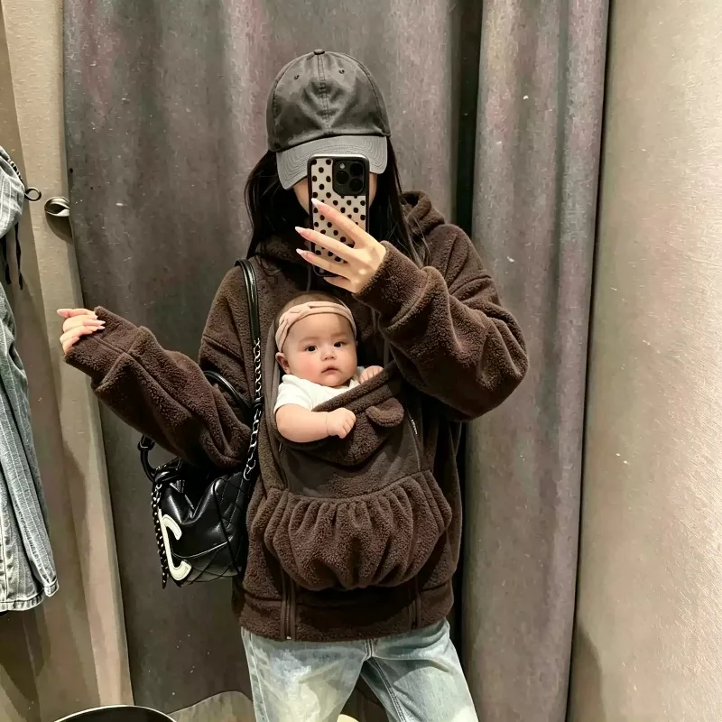 2 in 1 Kangaroo Pocket Baby Wearing Fleece Hooded Coat Women Warm  Maternity Sweatshirt Mom Baby Carrier Outerwear Multi Colors