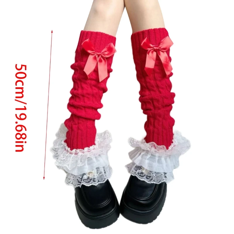 Women Cable Knit Leg Warmers Japanese Tiered Ruffled Lace Bowknot Foot Covers