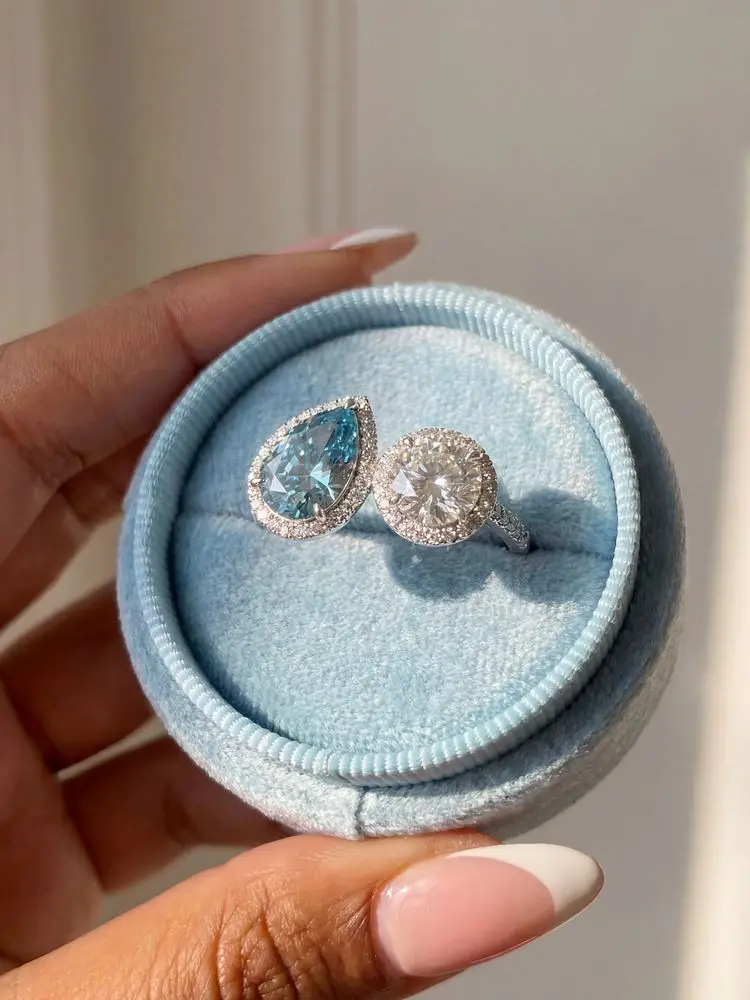 925 Sterling Silver Minimalism Sea Blue Pear Round Zircon Ring For Women Anniversary Wedding Luxury High Quality Fine Jewelry