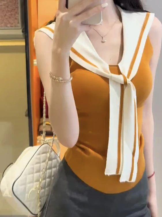College Style Naval Collar Sleeveless Knitted Sweater Women Summer Pure Desirable Hot Girl Shoulder Bared Vest Top Casual Sli...