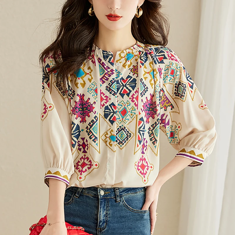 2024 Spring Summer Women Tops Fashion 3/4 Sleeve Chiffon Blouse Round Neck Casual Loose Printed Tops