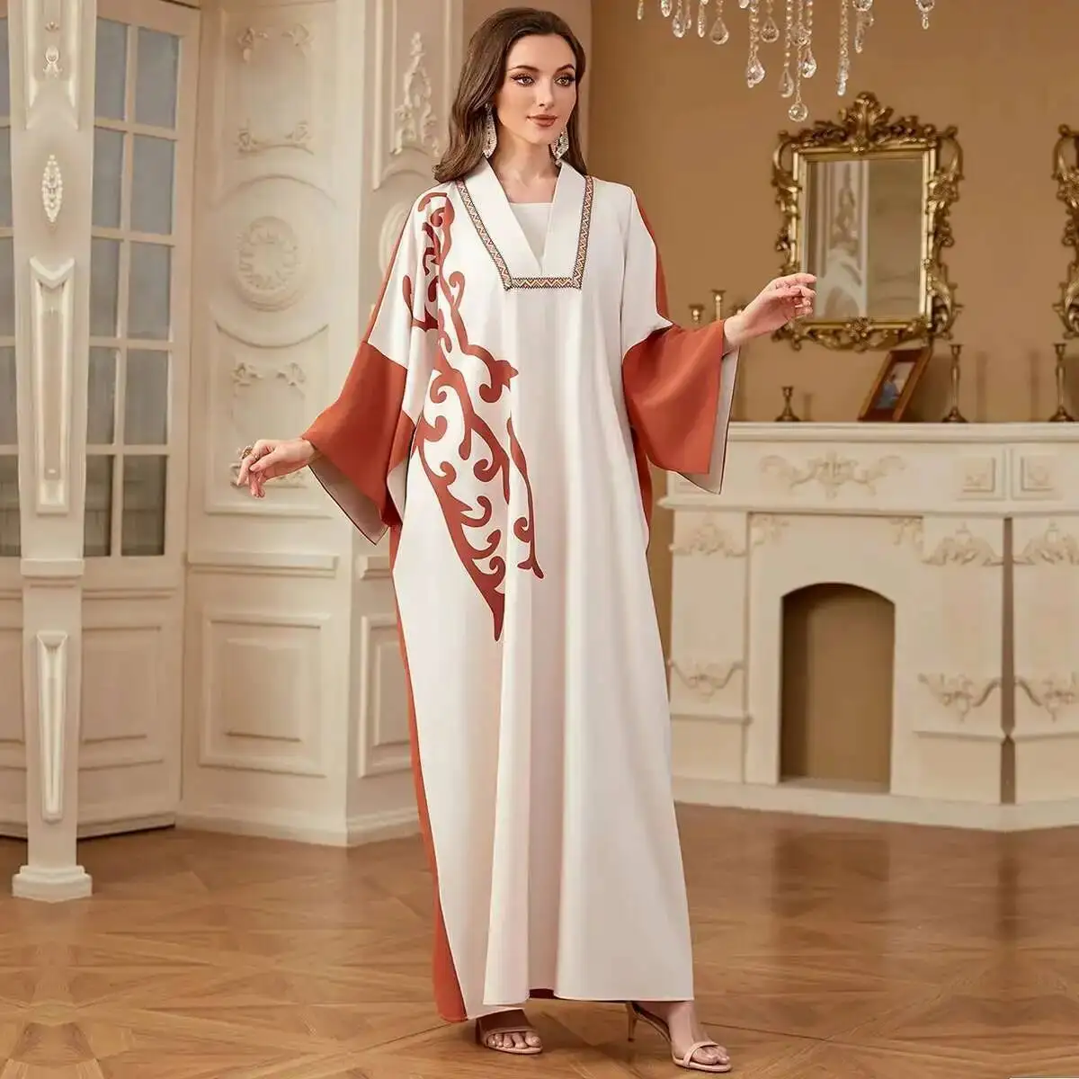 

4275 Fashion Women's Batwing Sleeve Long Robe Patchwork Color Block Dubai Print Dress Abaya Ramadan Dubai Luxury Islam Elegant