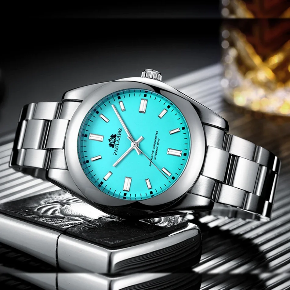 Automatische Herrenuhr, mechanisch, selbstaufziehend, Edelstahl, luxuriös, rot, gelb, blau, grün, Regenbogen, 41 mm