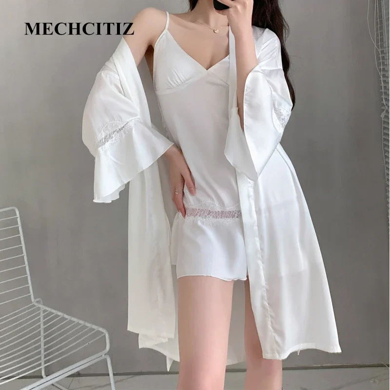 MECHCITIZ 2021 sexy Nachtwäsche Seide Robe & Kleid Sets gepolsterte Dame Femme Nachthemden Satin Pyjamas Sets Sommer Home Wear Dessous Anzug