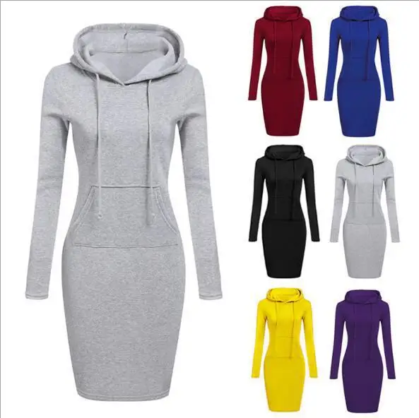 Autumn and Winter European and American Leisure Commuting Pure Color Hooded Long Sleeved Dress for Women
