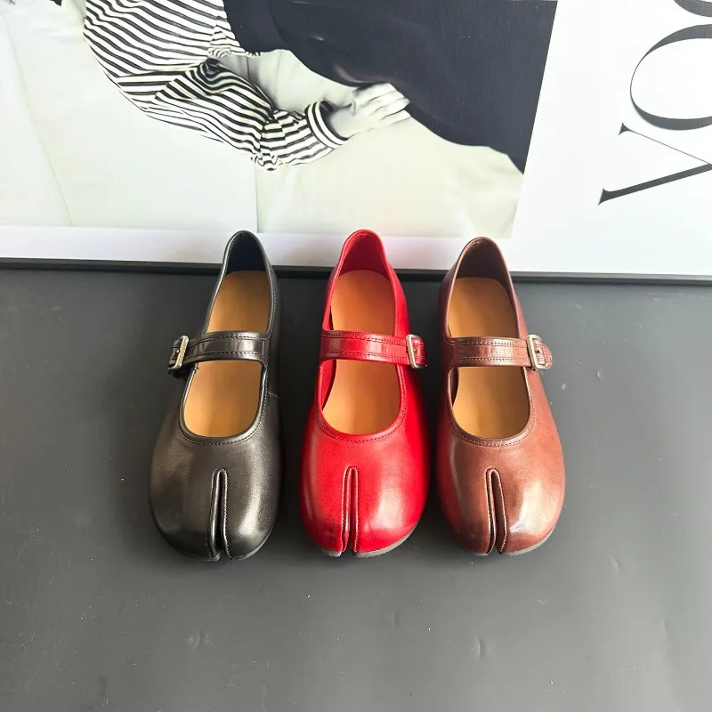 Washed Horsehide Leather Vintage Mary Jane Shoes for Women Single-strap Split-toe Flat Ballet Flats