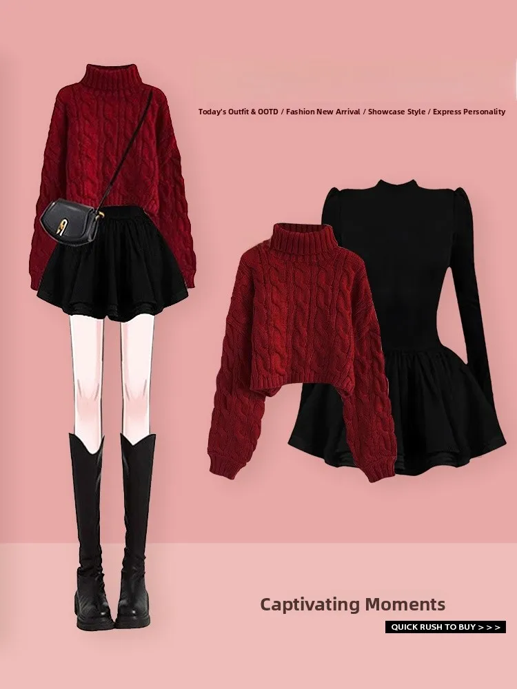 Set di due pezzi di maglione e gonna twist a collo alto coreano Sle per donna Completo invernale Faionable Ele