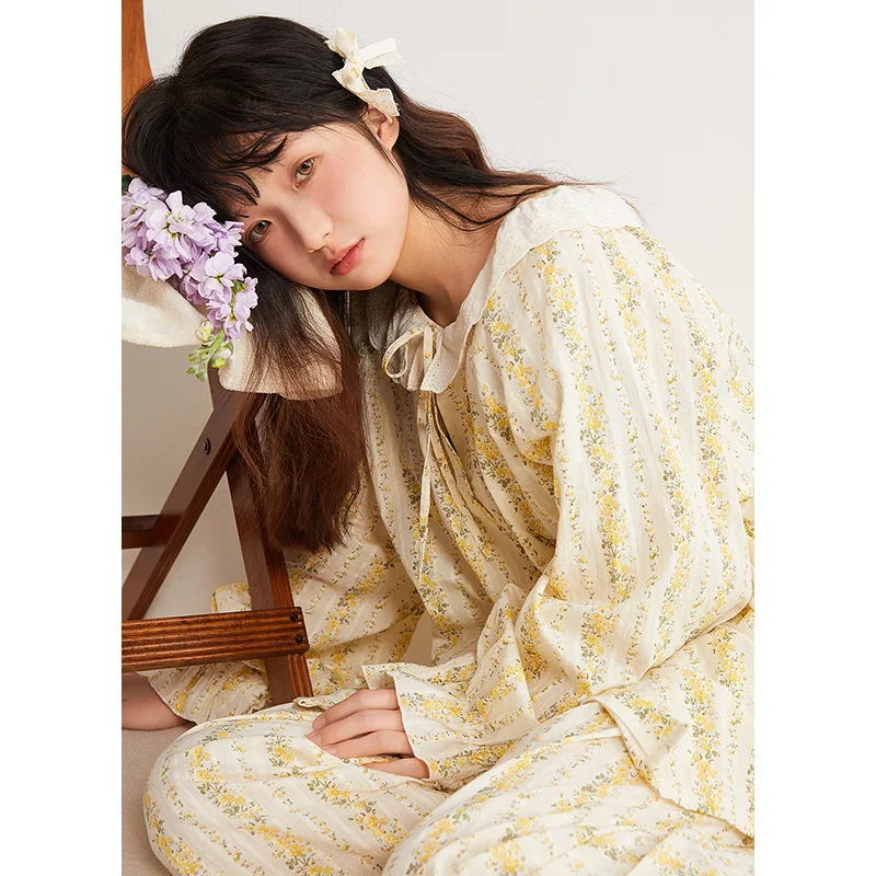 الربيع والخريف جديد منامة المرأة القطن الخالص جولة الرقبة سترة أصفر مخطط زهرة ملابس المنزل يمكن ارتداؤها في الخارج #3